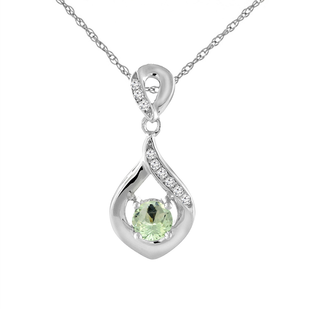 14K WHITE GOLD NATURAL GREEN AMETHYST NECKLACE WITH DIAMOND ACCENTS ROUND 4 MM