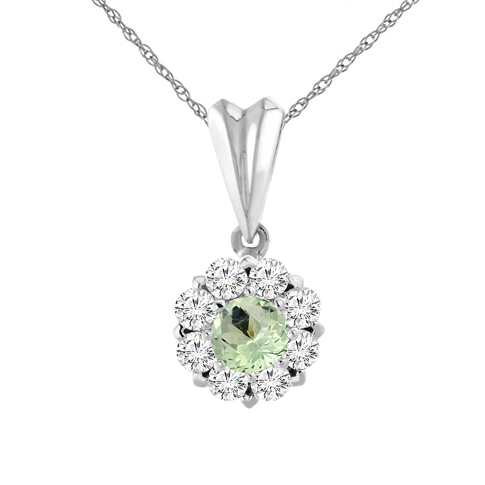 14K WHITE GOLD NATURAL GREEN AMETHYST NECKLACE WITH DIAMOND HALO ROUND 4 MM