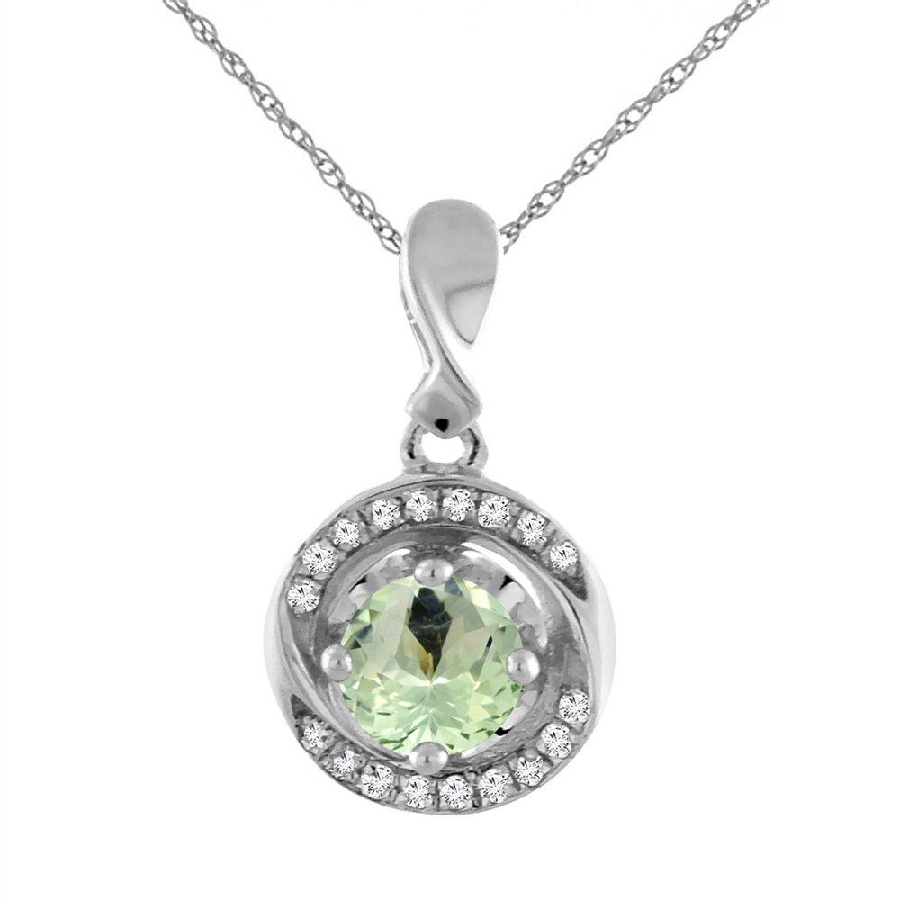 14K WHITE GOLD NATURAL GREEN AMETHYST NECKLACE WITH DIAMOND ACCENTS ROUND 4 MM
