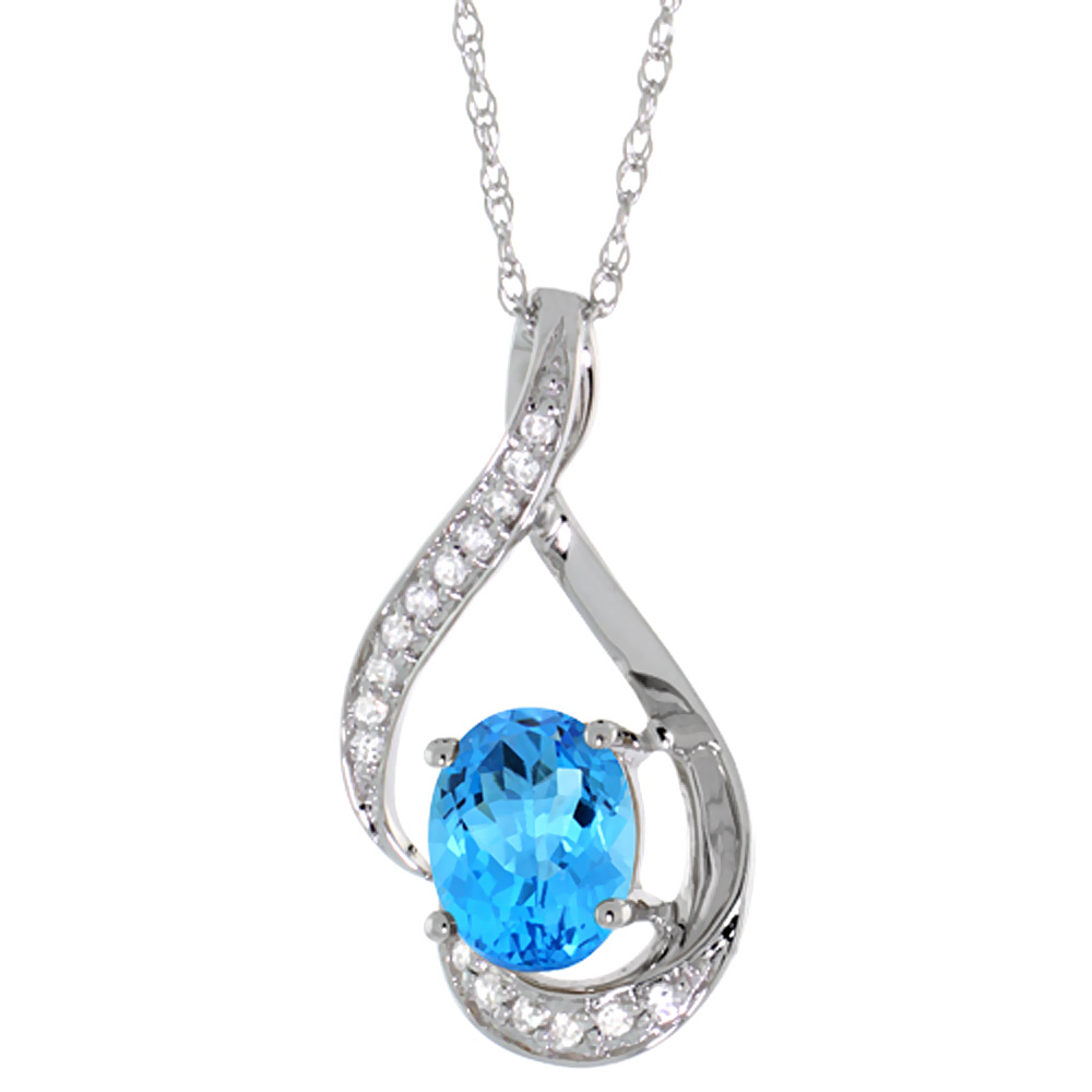 14K WHITE GOLD DIAMOND NATURAL SWISS BLUE TOPAZ NECKLACE OVAL 7X5 MM, 18 INCH LONG