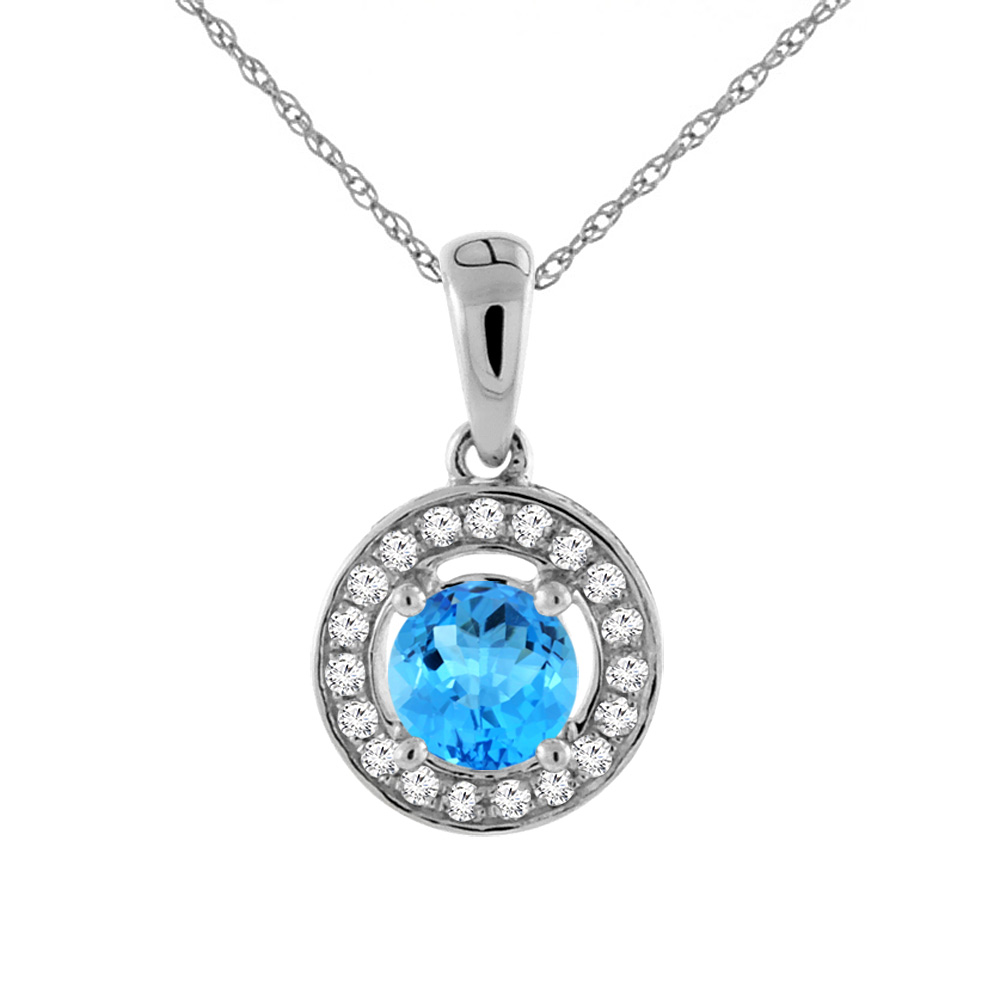 14K White Gold Natural Swiss Blue Topaz Necklace with Diamond Halo Round 5 mm