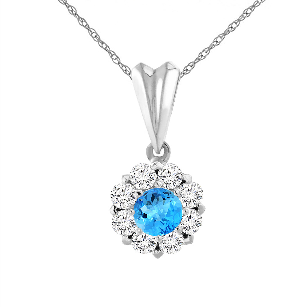 14K WHITE GOLD NATURAL SWISS BLUE TOPAZ NECKLACE WITH DIAMOND HALO ROUND 6 MM