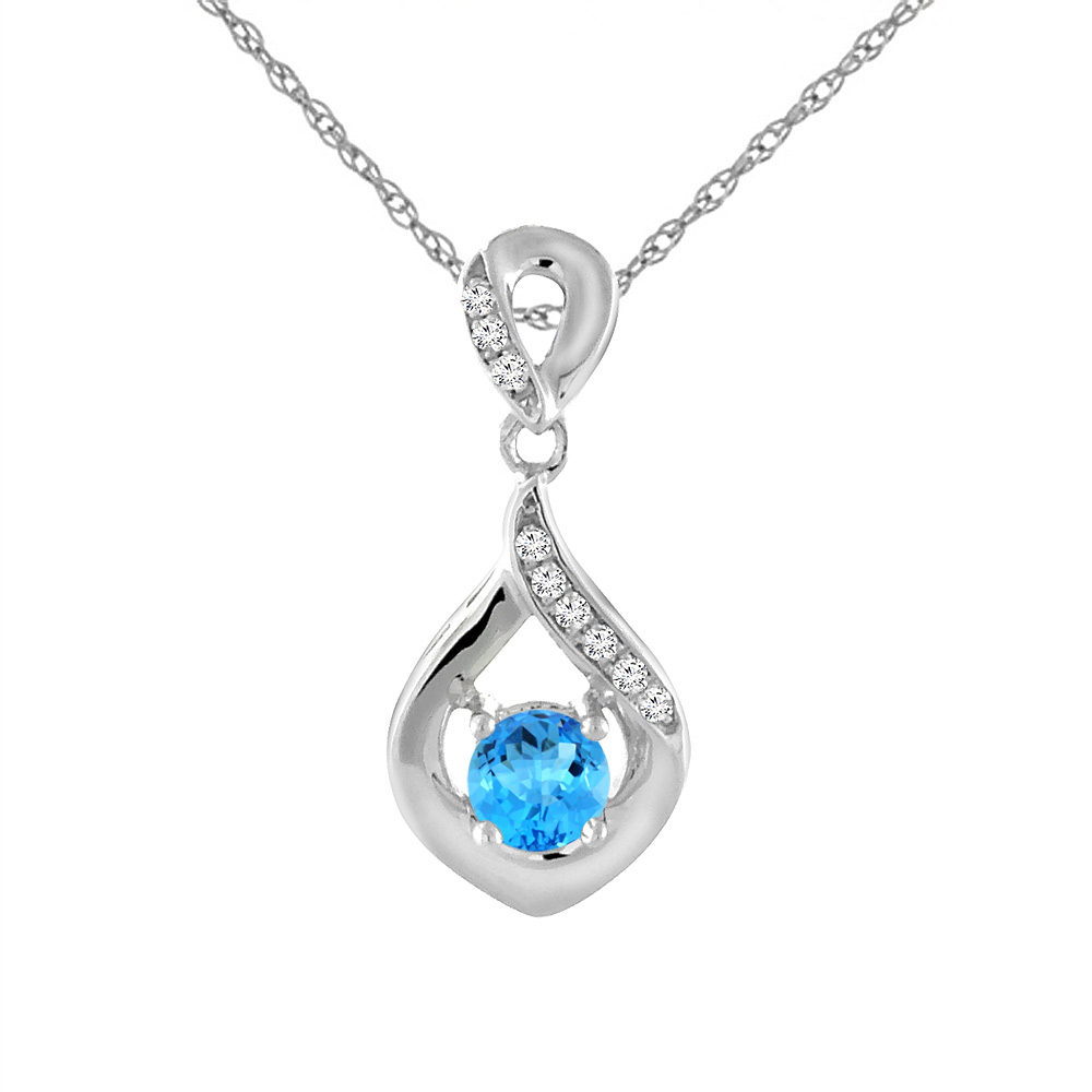 14K White Gold Natural Swiss Blue Topaz Necklace with Diamond Accents Round 4 mm