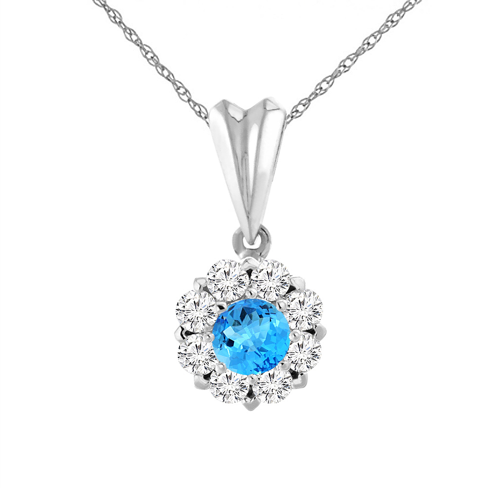 14K White Gold Natural Swiss Blue Topaz Necklace with Diamond Halo Round 4 mm