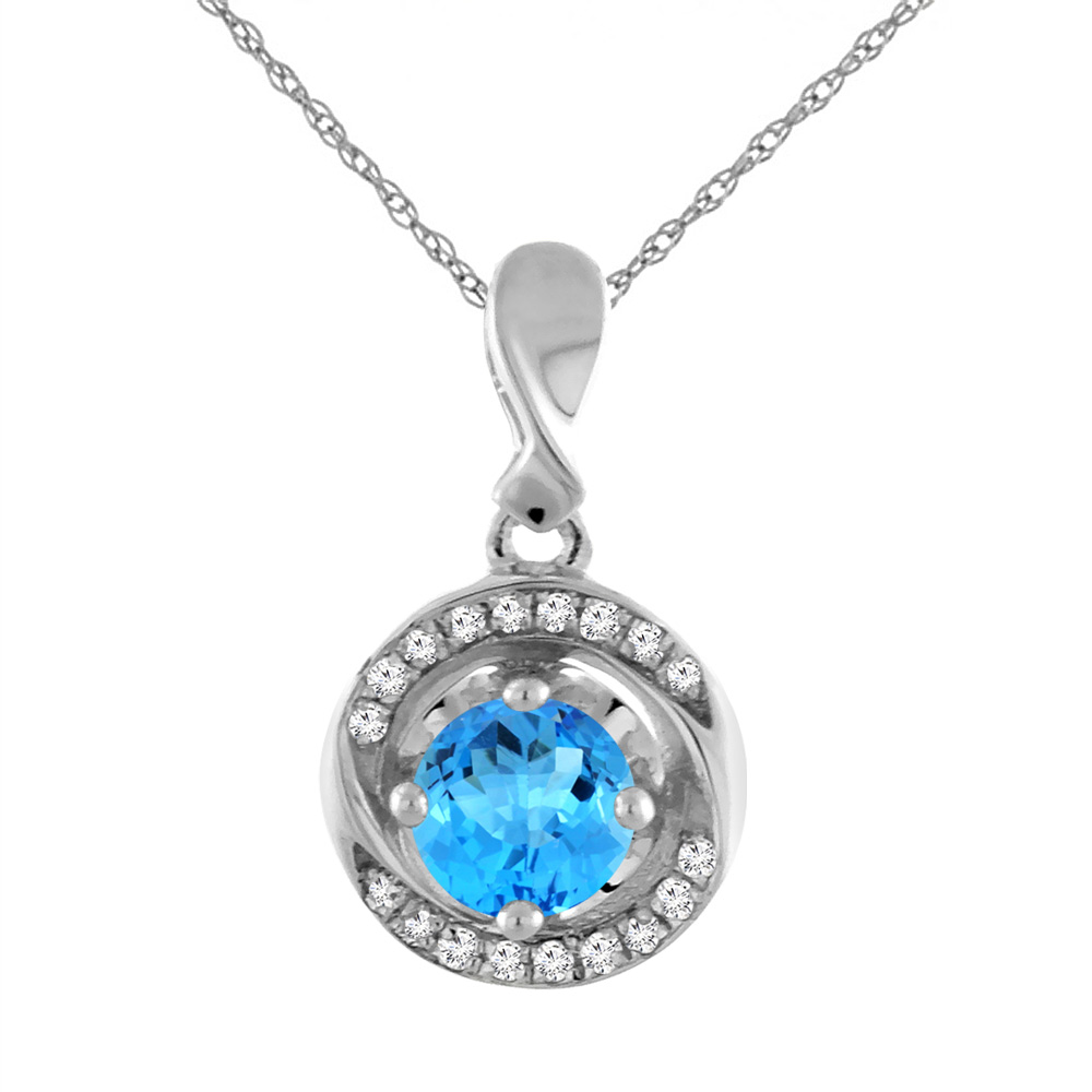 14K White Gold Natural Swiss Blue Topaz Necklace with Diamond Accents Round 4 mm