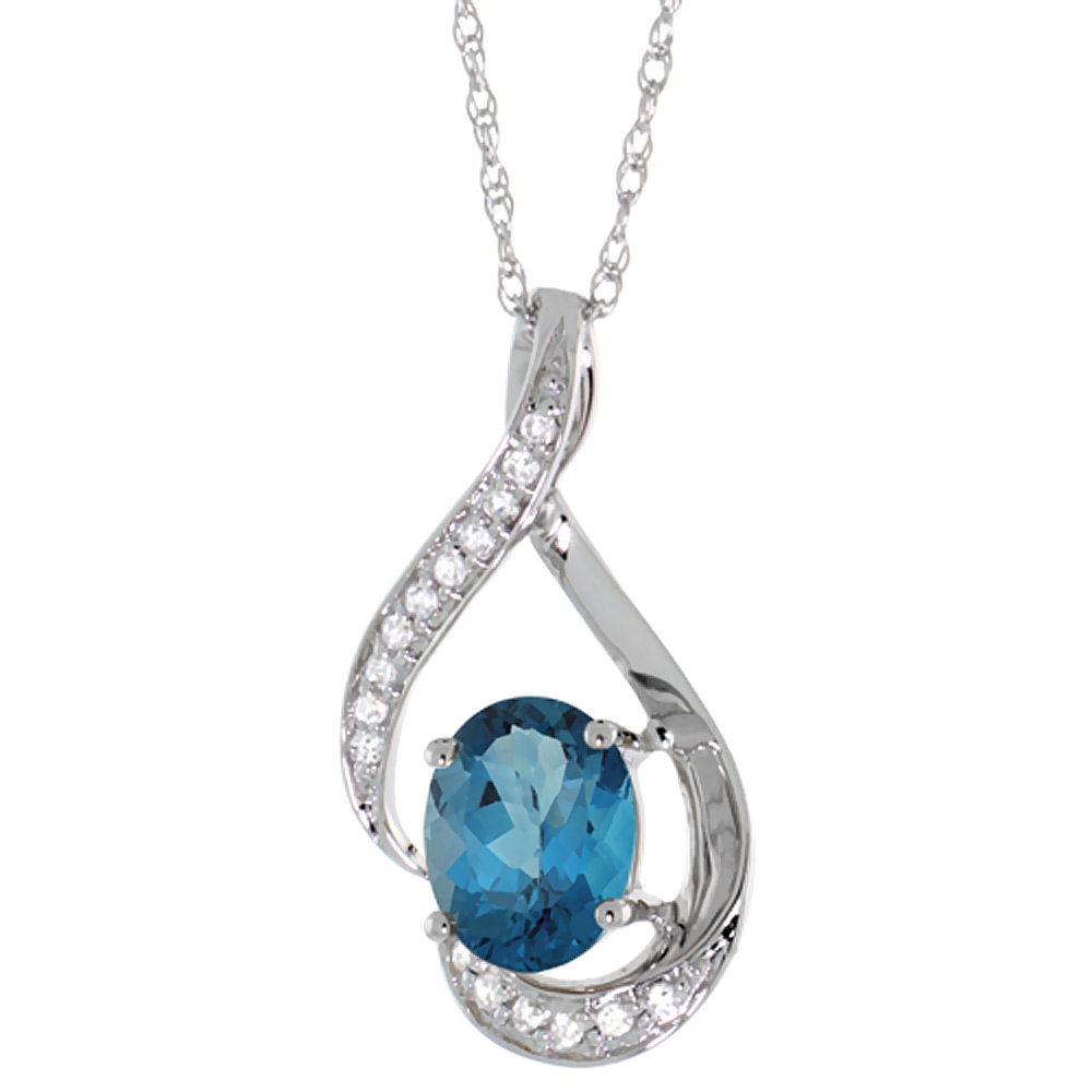 14K WHITE GOLD DIAMOND NATURAL LONDON BLUE TOPAZ NECKLACE OVAL 7X5 MM, 18 INCH LONG