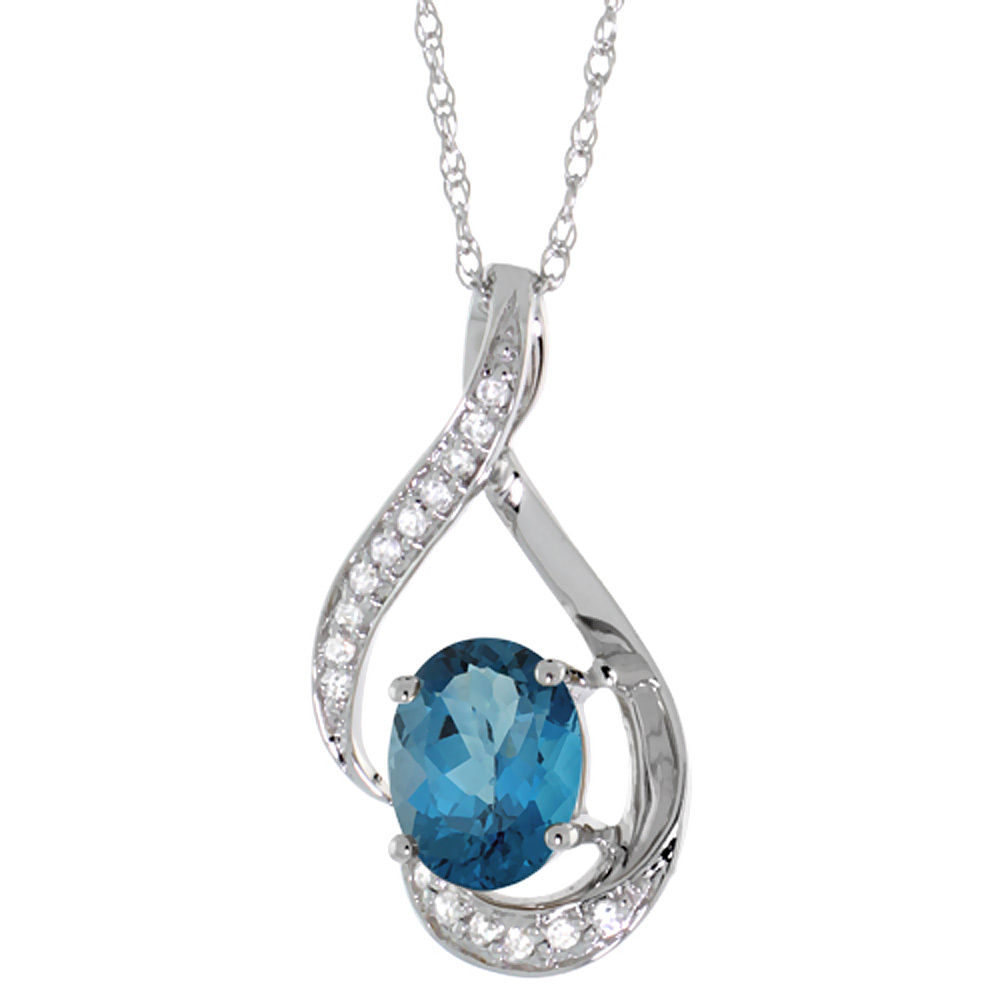 14K White Gold Diamond Natural London Blue Topaz Necklace Oval 7x5 mm, 18 inch long