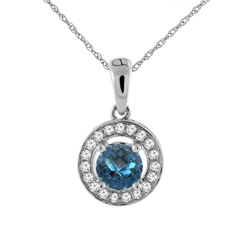 14K WHITE GOLD NATURAL LONDON BLUE TOPAZ NECKLACE WITH DIAMOND HALO ROUND 5 MM