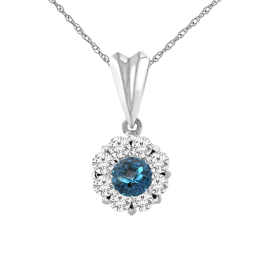 14K WHITE GOLD NATURAL LONDON BLUE TOPAZ NECKLACE WITH DIAMOND HALO ROUND 6 MM