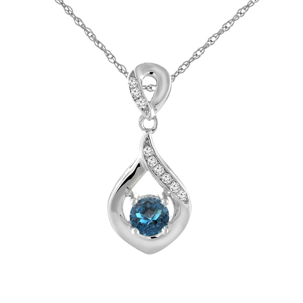 14K WHITE GOLD NATURAL LONDON BLUE TOPAZ NECKLACE WITH DIAMOND ACCENTS ROUND 4 MM