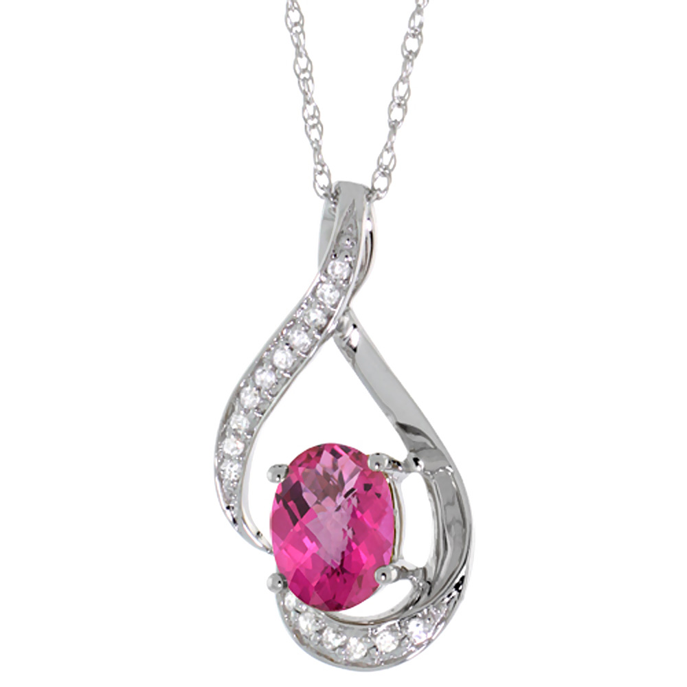 14K White Gold Diamond Natural Pink Topaz Necklace Oval 7x5 mm, 18 inch long