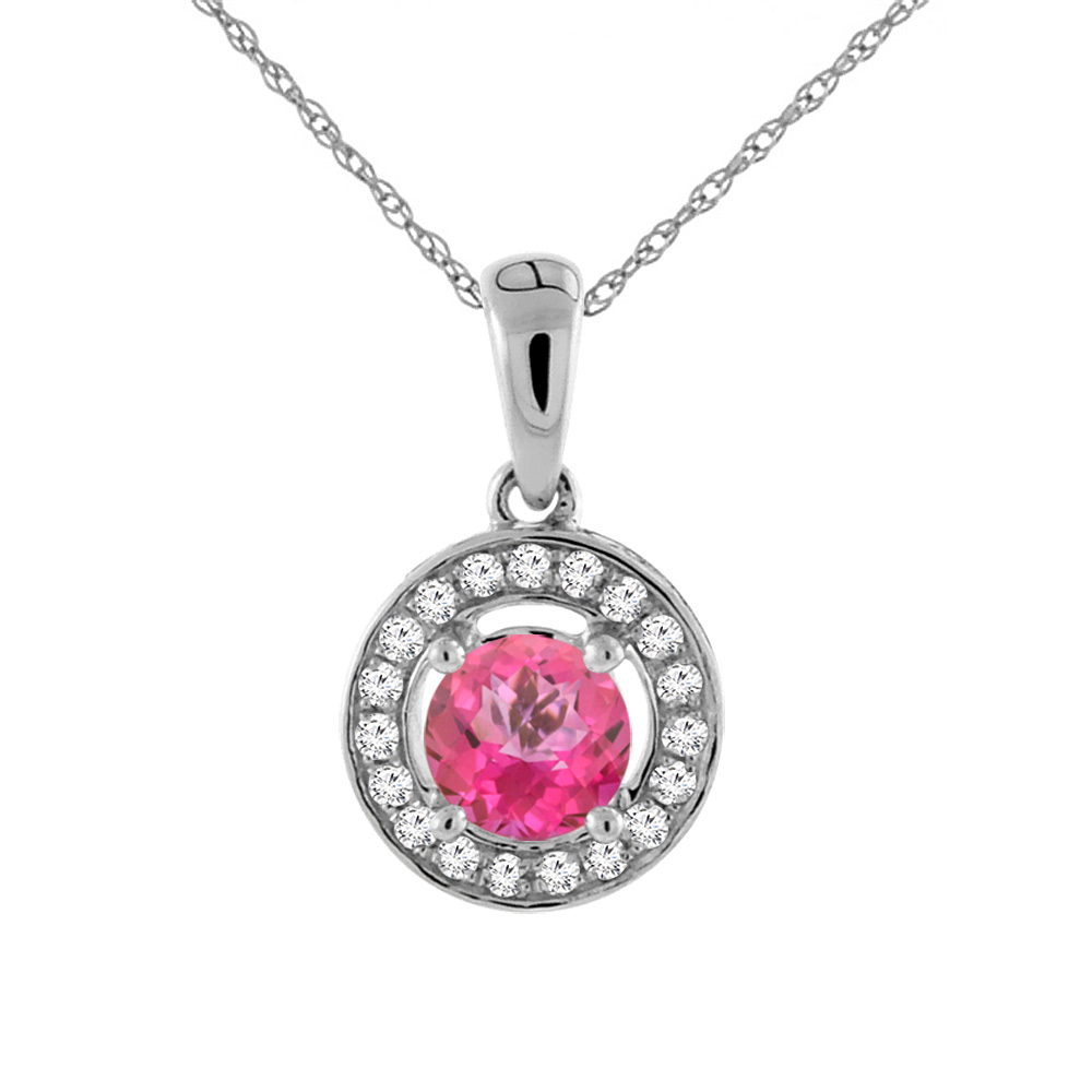 14K White Gold Natural Pink Topaz Necklace with Diamond Halo Round 5 mm