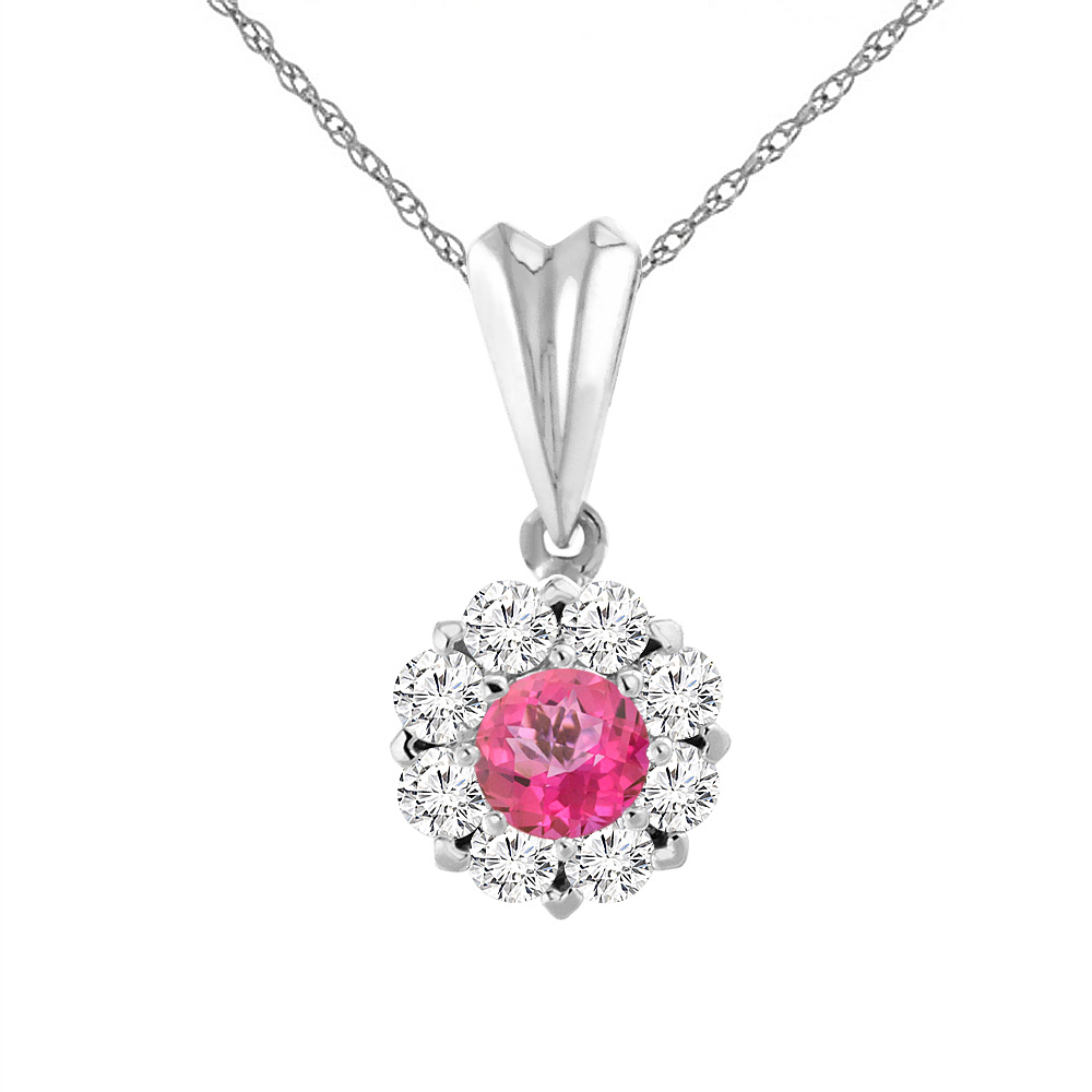 14K White Gold Natural Pink Topaz Necklace with Diamond Halo Round 6 mm