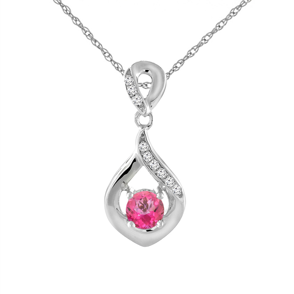 14K WHITE GOLD NATURAL PINK TOPAZ NECKLACE WITH DIAMOND ACCENTS ROUND 4 MM