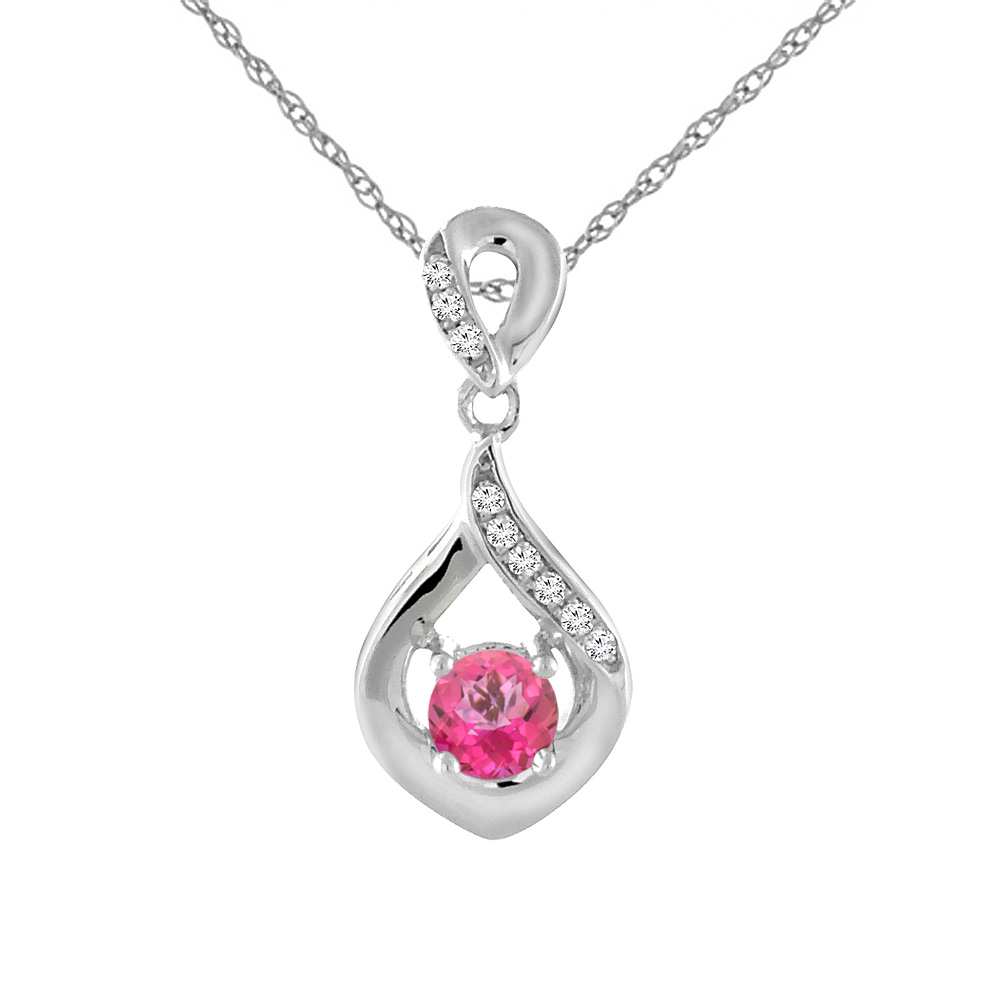 14K White Gold Natural Pink Topaz Necklace with Diamond Accents Round 4 mm
