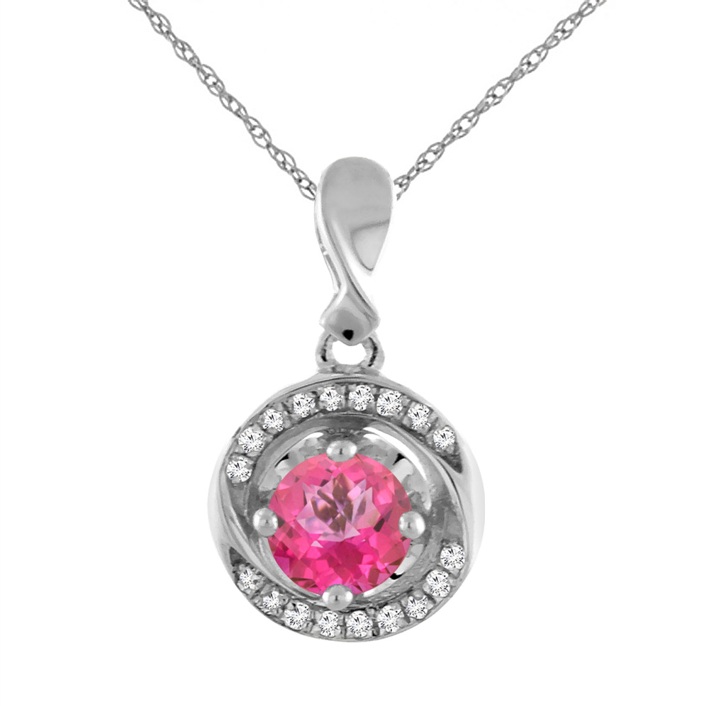 14K White Gold Natural Pink Topaz Necklace with Diamond Accents Round 4 mm