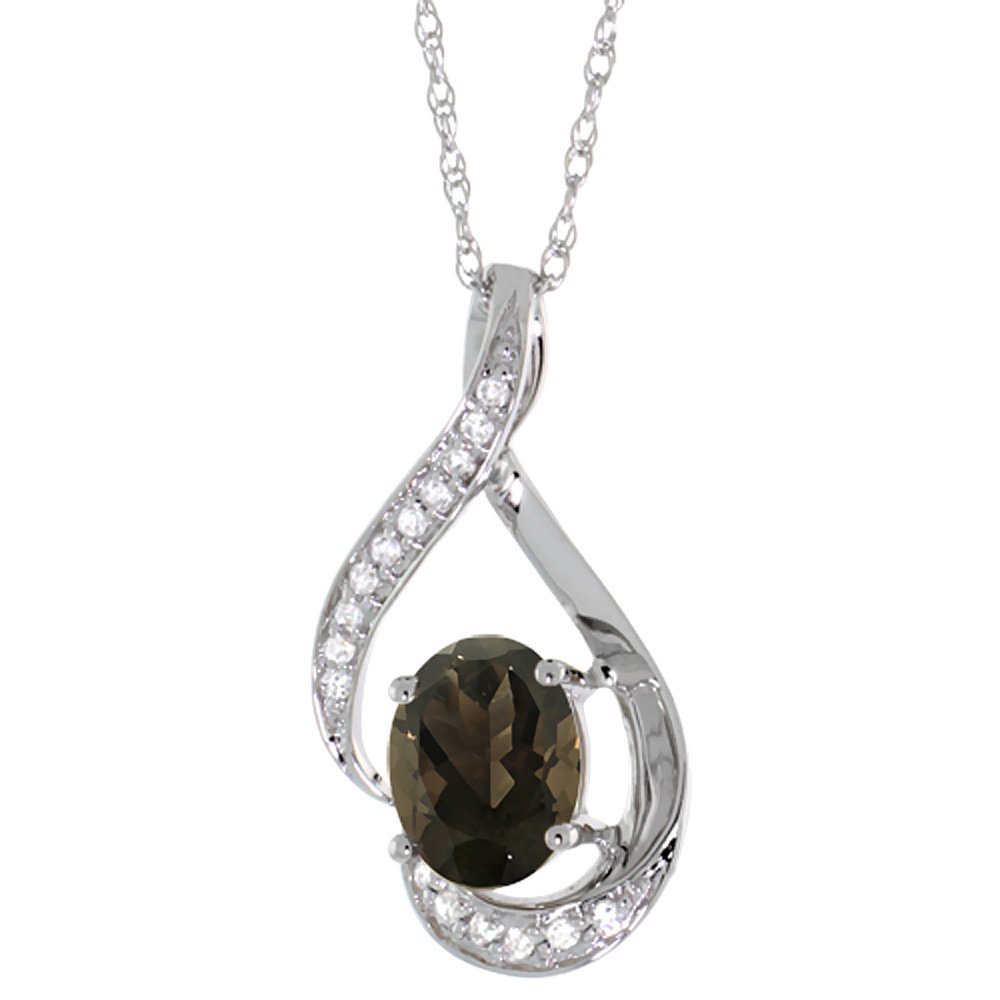 14K WHITE GOLD DIAMOND NATURAL SMOKY TOPAZ NECKLACE OVAL 7X5 MM, 18 INCH LONG