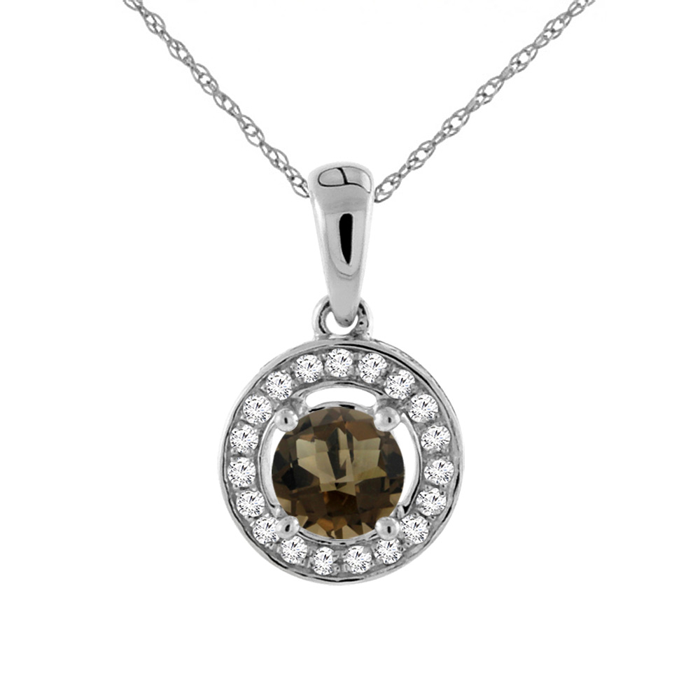 14K WHITE GOLD NATURAL SMOKY TOPAZ NECKLACE WITH DIAMOND HALO ROUND 5 MM