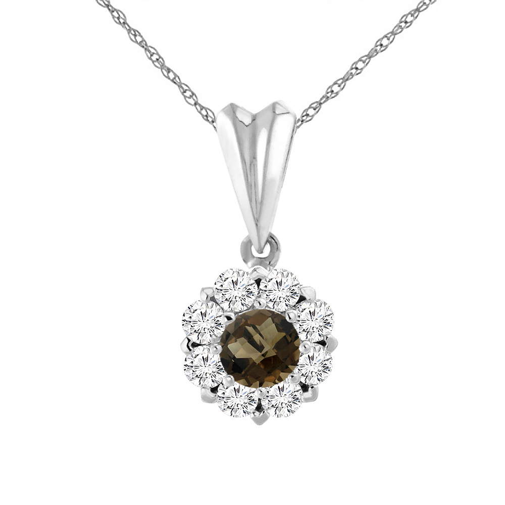 14K WHITE GOLD NATURAL SMOKY TOPAZ NECKLACE WITH DIAMOND HALO ROUND 6 MM