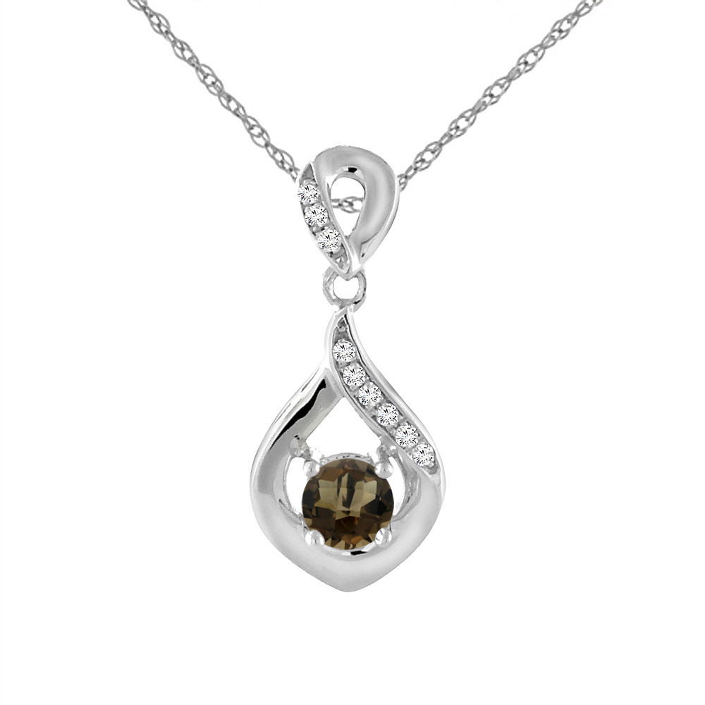 14K White Gold Natural Smoky Topaz Necklace with Diamond Accents Round 4 mm