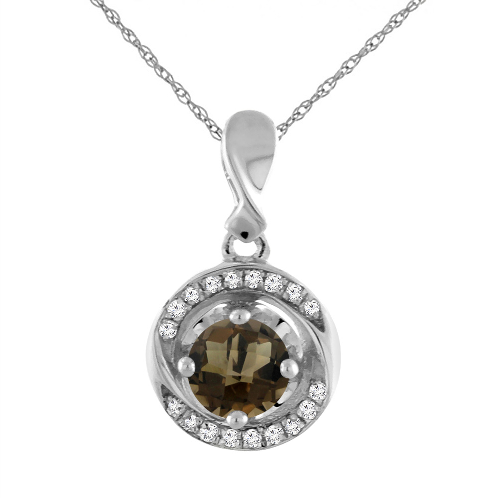 14K WHITE GOLD NATURAL SMOKY TOPAZ NECKLACE WITH DIAMOND ACCENTS ROUND 4 MM