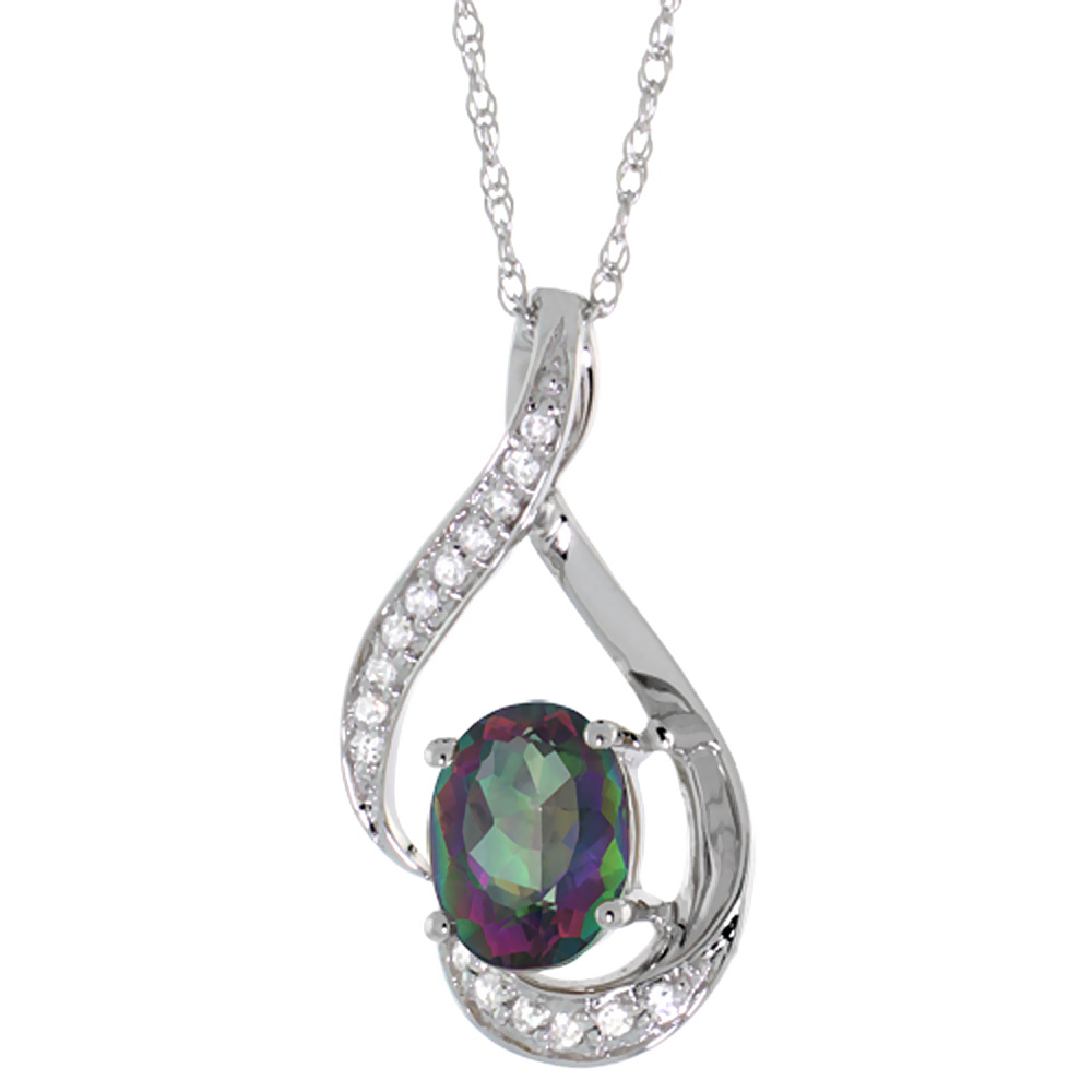 14K White Gold Diamond Natural Mystic Topaz Necklace Oval 7x5 mm, 18 inch long