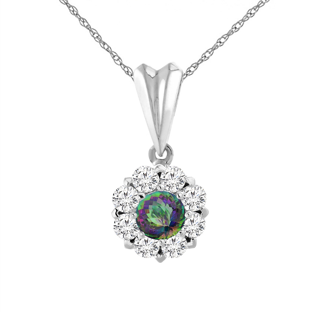 14K WHITE GOLD NATURAL MYSTIC TOPAZ NECKLACE WITH DIAMOND HALO ROUND 6 MM