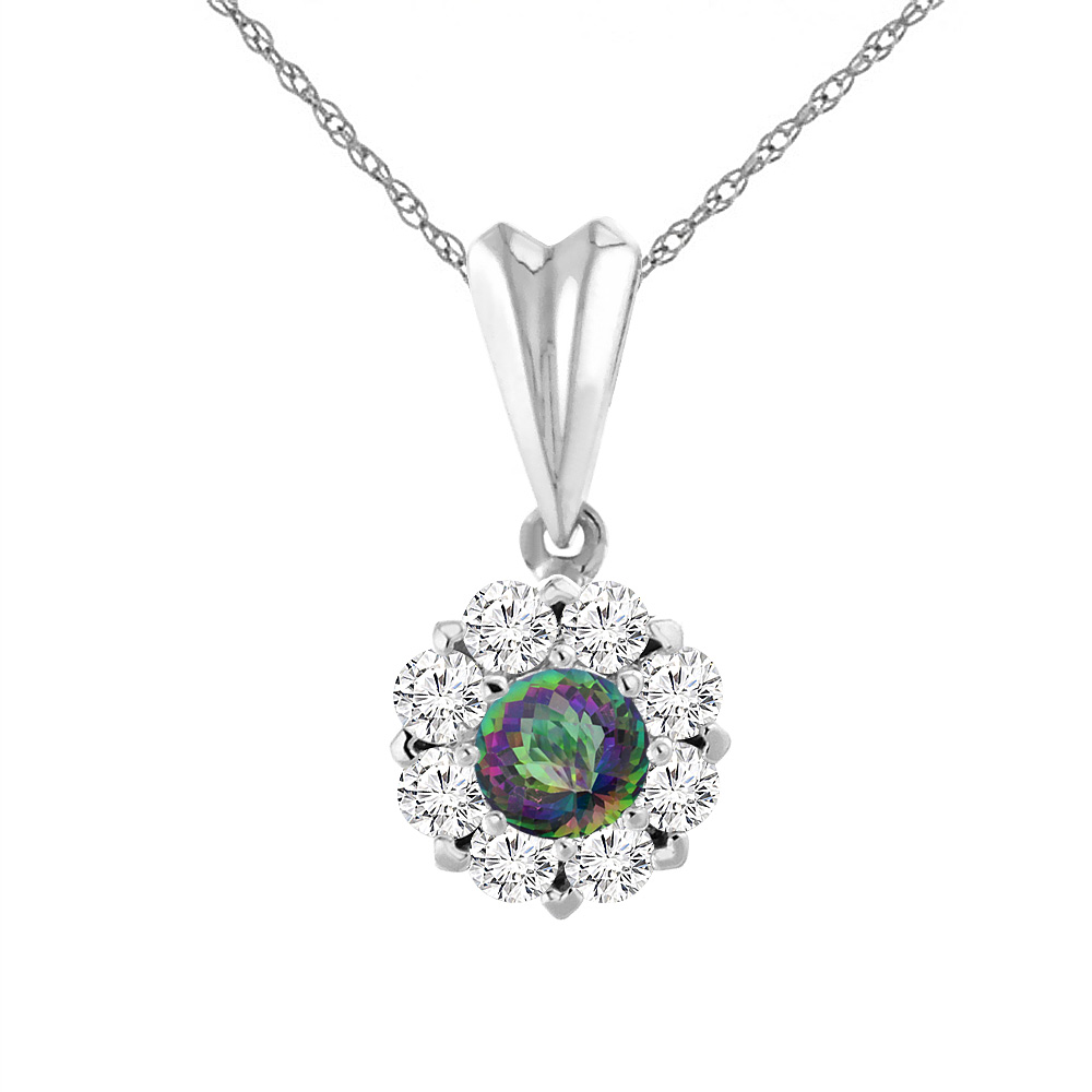 14K White Gold Natural Mystic Topaz Necklace with Diamond Halo Round 6 mm
