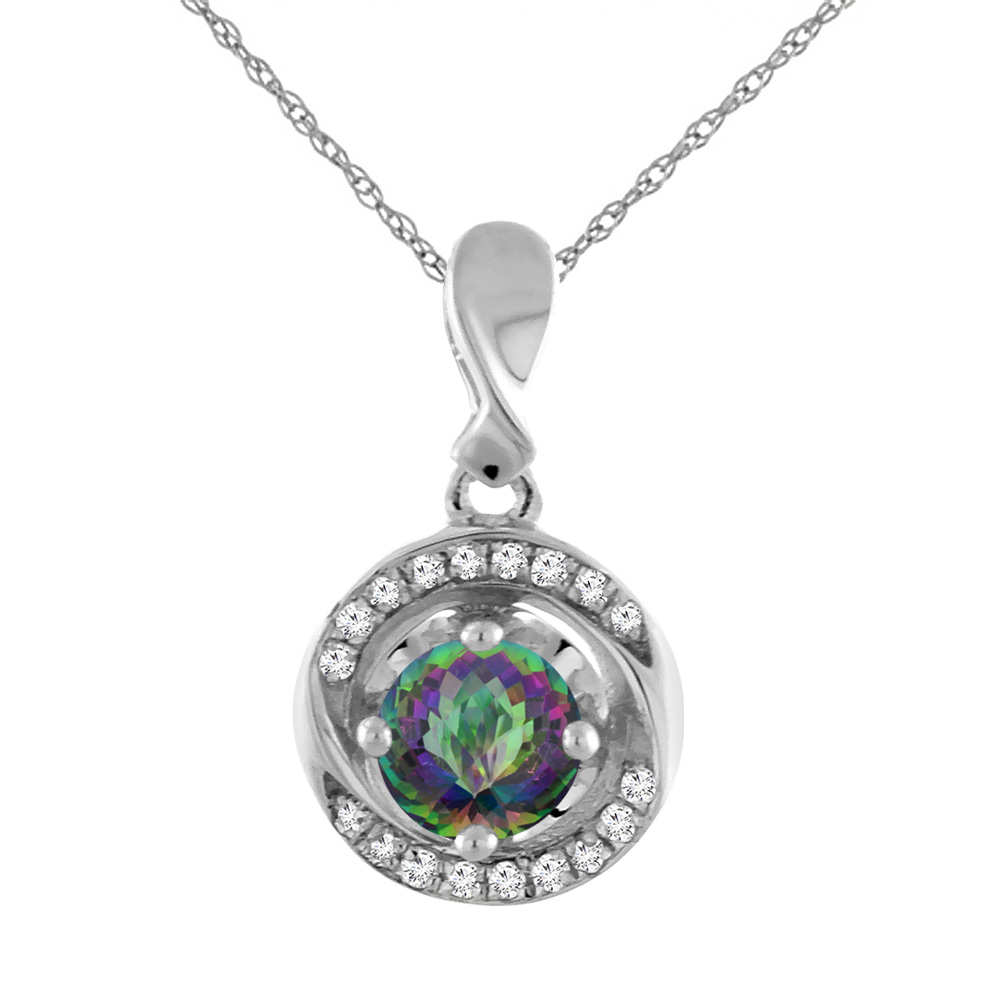 14K White Gold Natural Mystic Topaz Necklace with Diamond Accents Round 4 mm