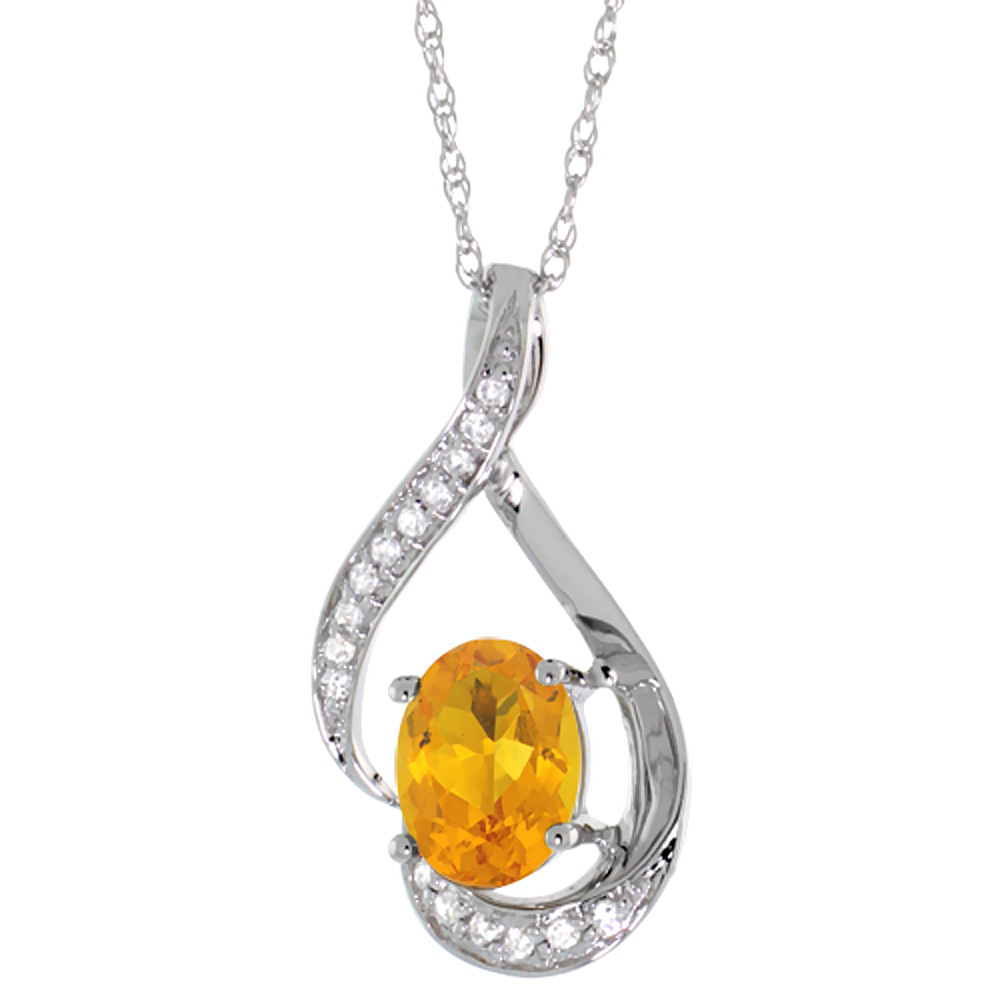 14K WHITE GOLD DIAMOND NATURAL CITRINE NECKLACE OVAL 7X5 MM, 18 INCH LONG