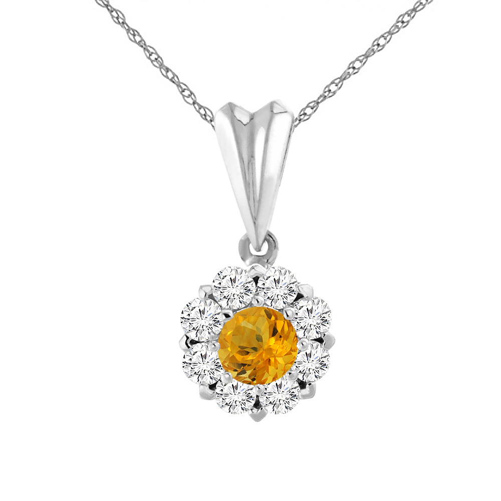 14K WHITE GOLD NATURAL CITRINE NECKLACE WITH DIAMOND HALO ROUND 6 MM