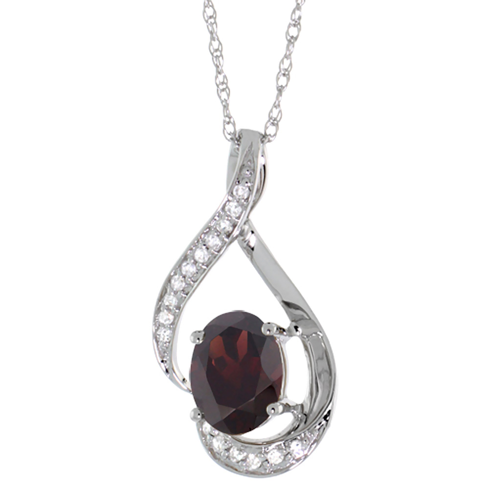 14K WHITE GOLD DIAMOND NATURAL GARNET NECKLACE OVAL 7X5 MM, 18 INCH LONG