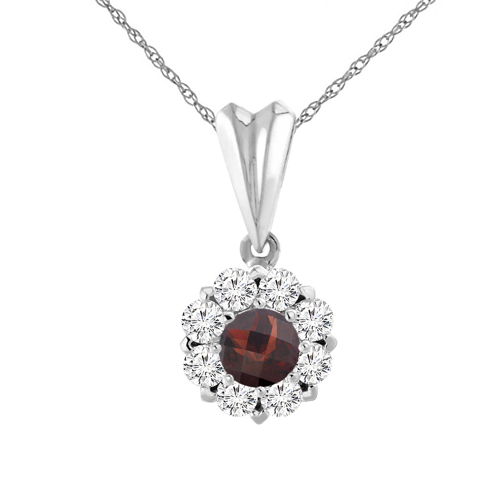 14K WHITE GOLD NATURAL GARNET NECKLACE WITH DIAMOND HALO ROUND 4 MM