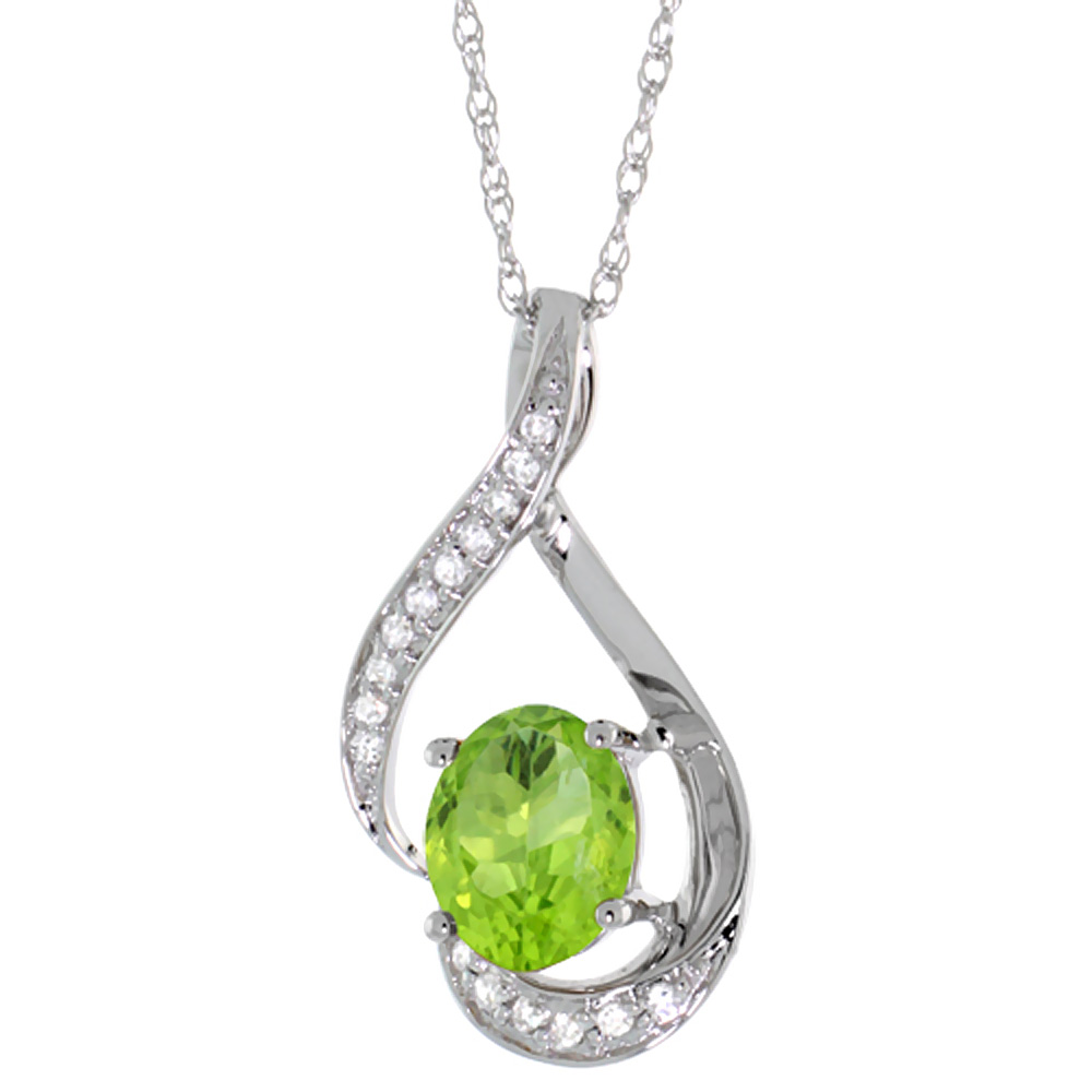 14K WHITE GOLD DIAMOND NATURAL PERIDOT NECKLACE OVAL 7X5 MM, 18 INCH LONG