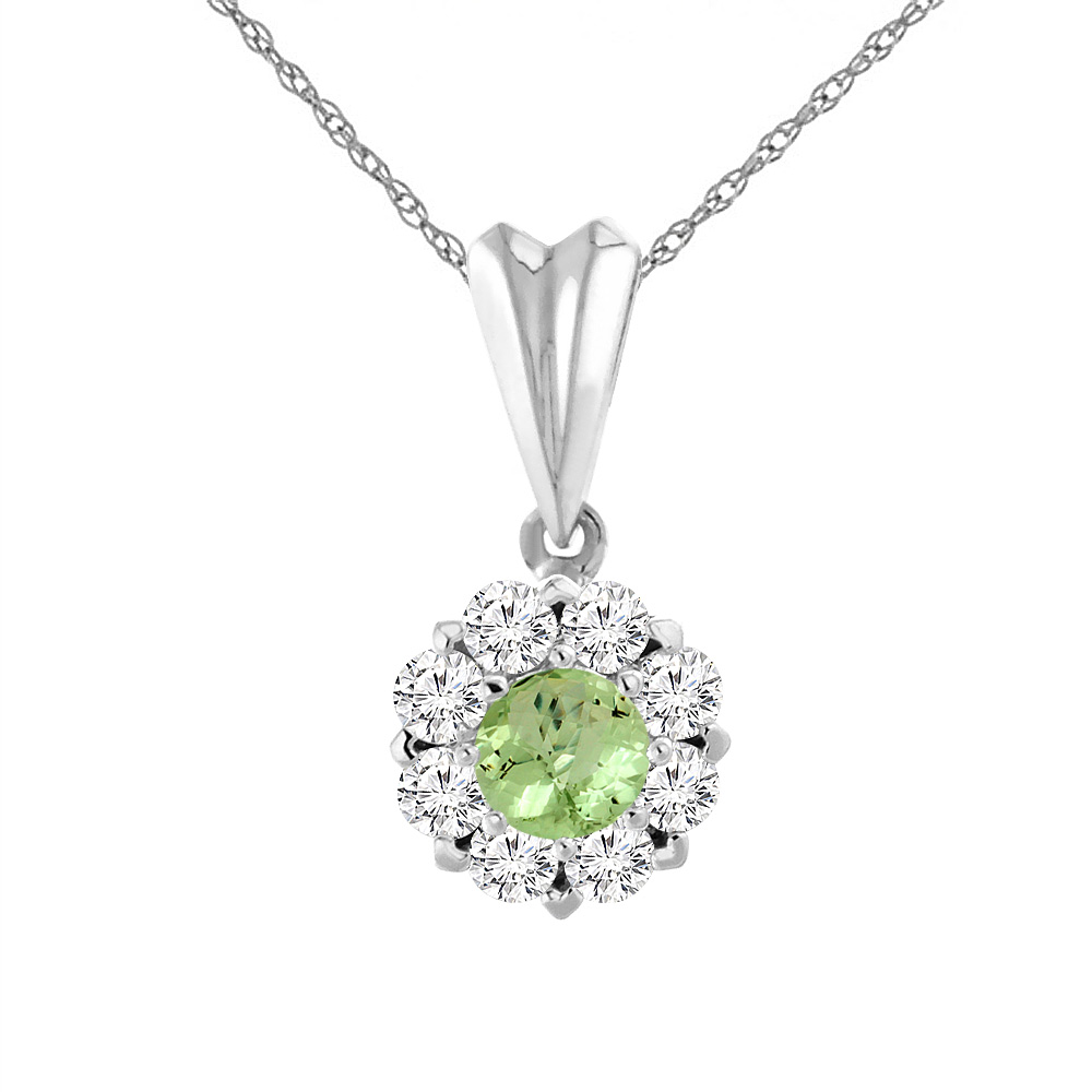 14K WHITE GOLD NATURAL PERIDOT NECKLACE WITH DIAMOND HALO ROUND 6 MM