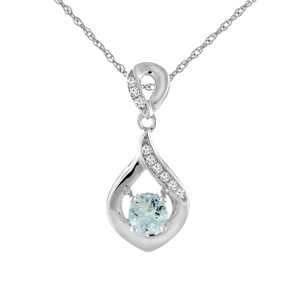 14K WHITE GOLD NATURAL AQUAMARINE NECKLACE WITH DIAMOND ACCENTS ROUND 4 MM