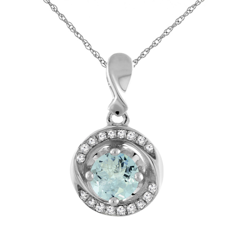 14K WHITE GOLD NATURAL AQUAMARINE NECKLACE WITH DIAMOND ACCENTS ROUND 4 MM