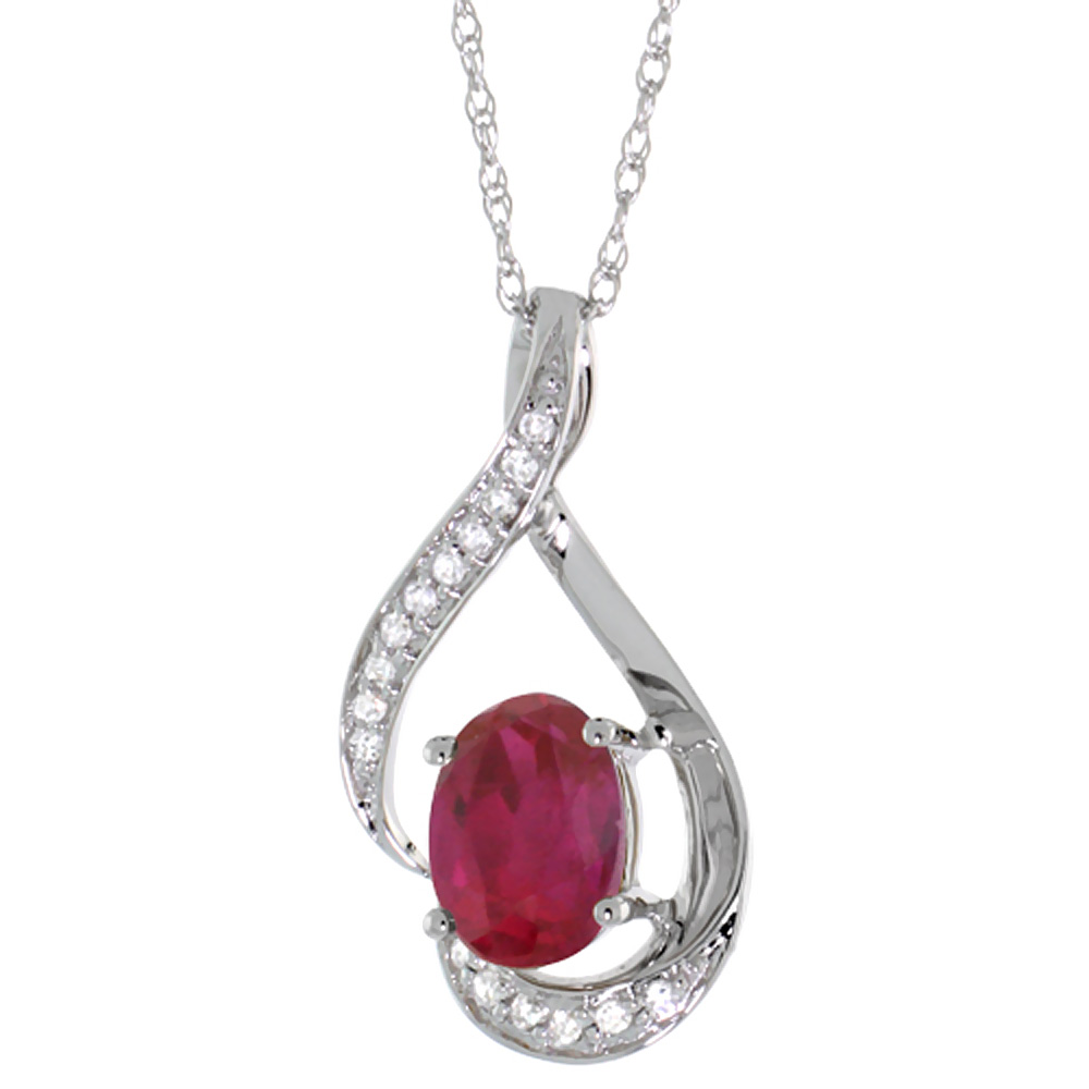 14K WHITE GOLD DIAMOND ENHANCED GENUINE RUBY NECKLACE OVAL 7X5 MM, 18 INCH LONG
