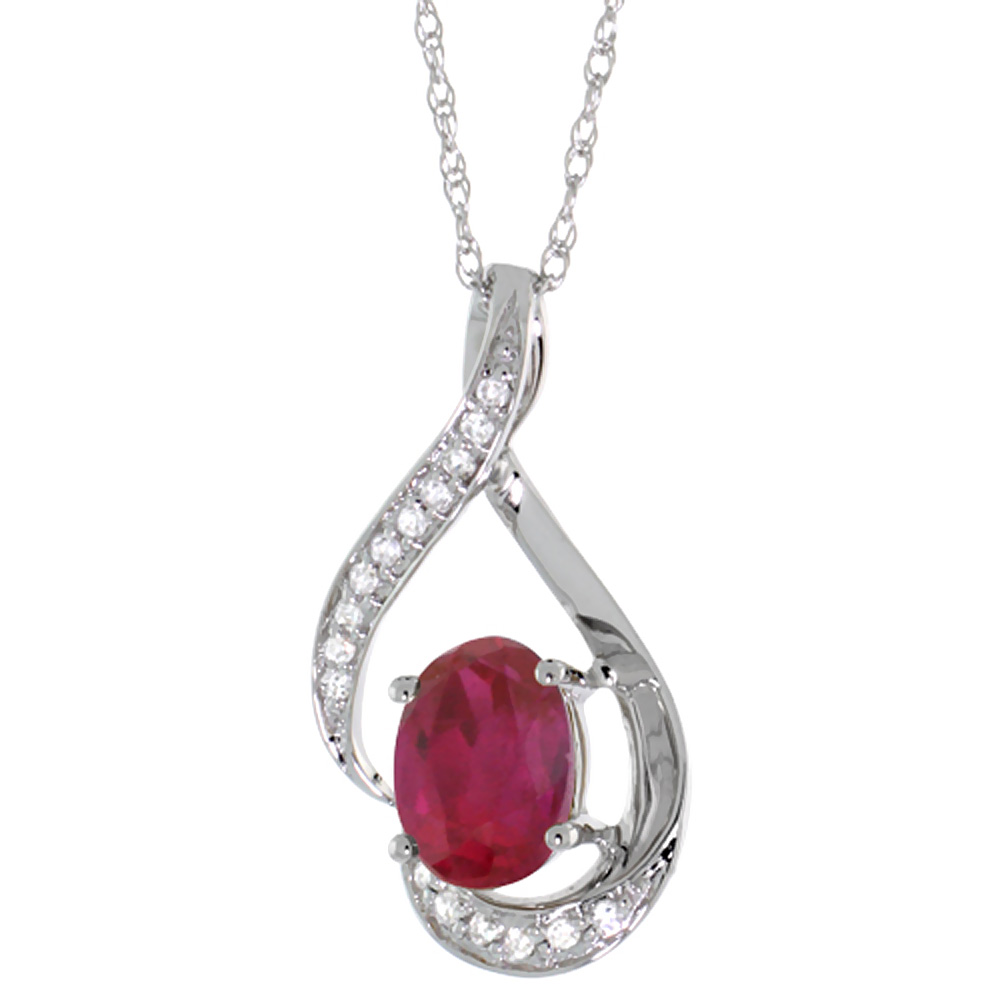 14K White Gold Diamond Enhanced Genuine Ruby Necklace Oval 7x5 mm, 18 inch long