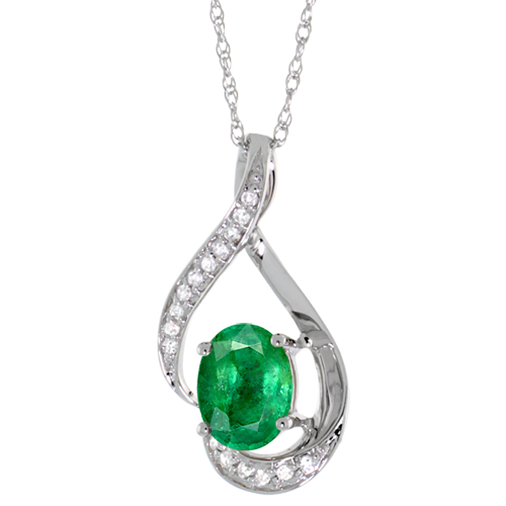 14K White Gold Diamond Natural Quality Emerald Necklace Oval 7x5 mm, 18 inch long