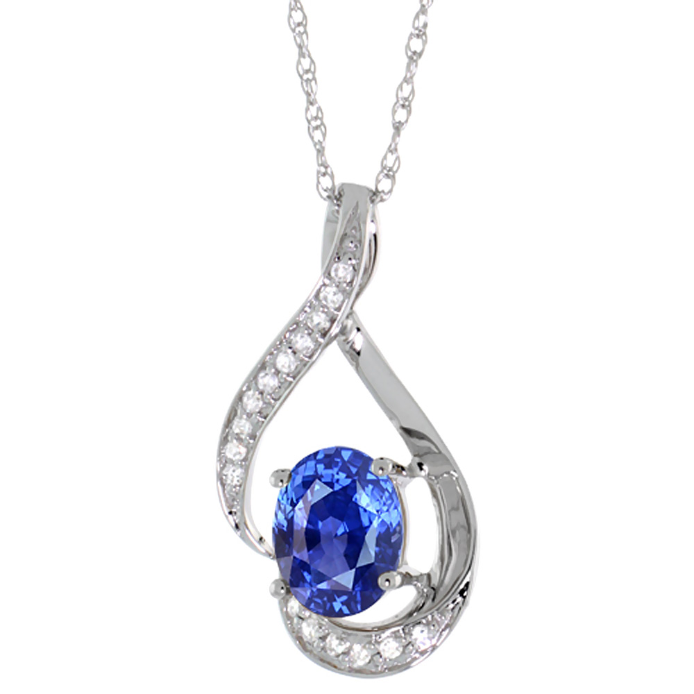 14K WHITE GOLD DIAMOND NATURAL BLUE SAPPHIRE NECKLACE OVAL 7X5 MM, 18 INCH LONG