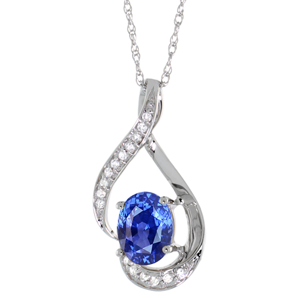 14K White Gold Diamond Natural Blue Sapphire Necklace Oval 7x5 mm, 18 inch long