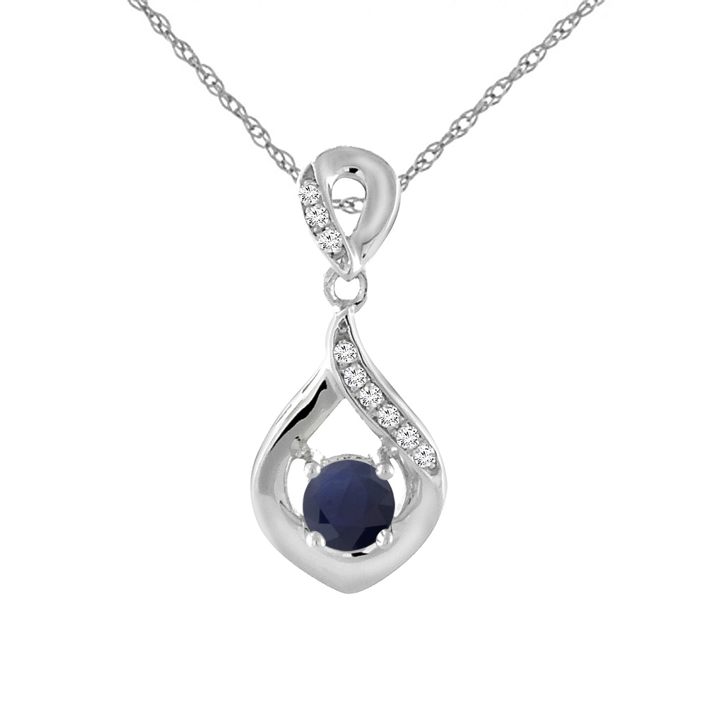 14K WHITE GOLD NATURAL BLUE SAPPHIRE NECKLACE WITH DIAMOND ACCENTS ROUND 4 MM