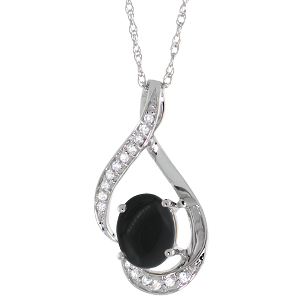 14K White Gold Diamond Natural Black Onyx Necklace Oval 7x5 mm, 18 inch long