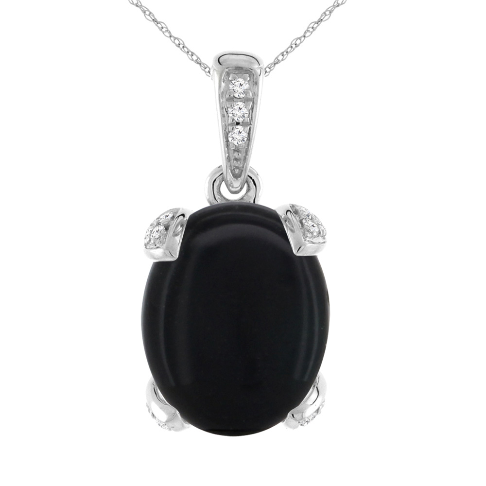 14K WHITE GOLD NATURAL BLACK ONYX NECKLACE OVAL 10X8 MM WITH DIAMOND ACCENTS