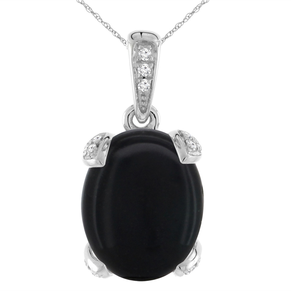 14K WHITE GOLD NATURAL BLACK ONYX NECKLACE OVAL 12X10 MM WITH DIAMOND ACCENTS