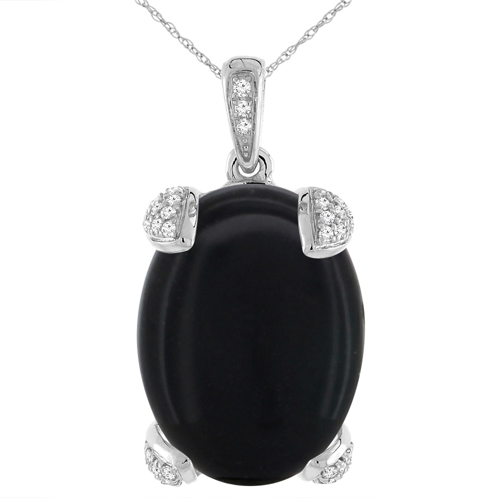 14K White Gold Natural Black Onyx Necklace Oval 18x13 mm with Diamond Accents