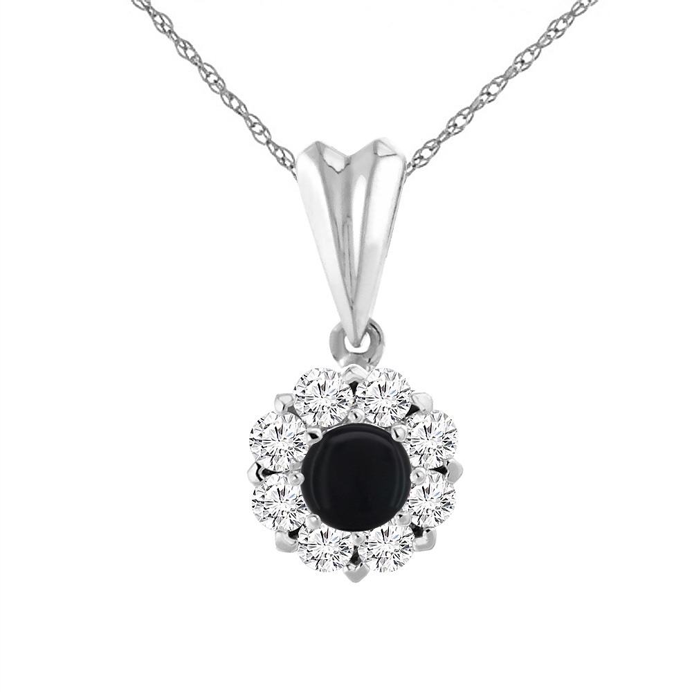 14K WHITE GOLD NATURAL BLACK ONYX NECKLACE WITH DIAMOND HALO ROUND 6 MM