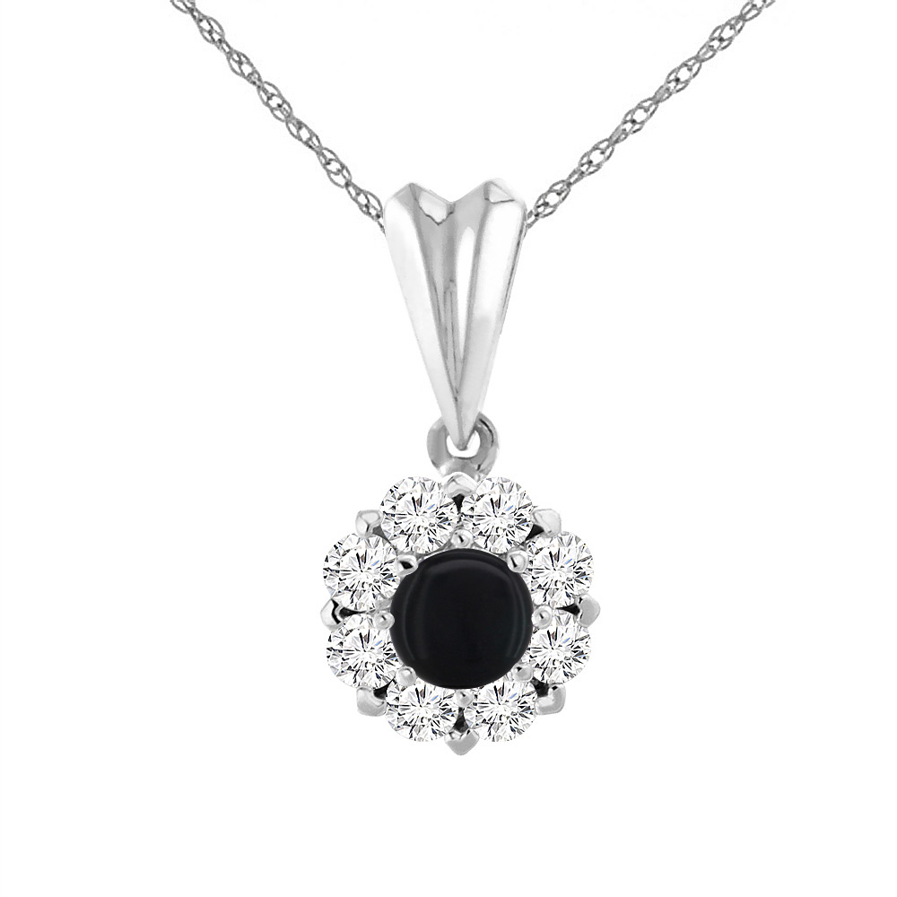 14K White Gold Natural Black Onyx Necklace with Diamond Halo Round 6 mm