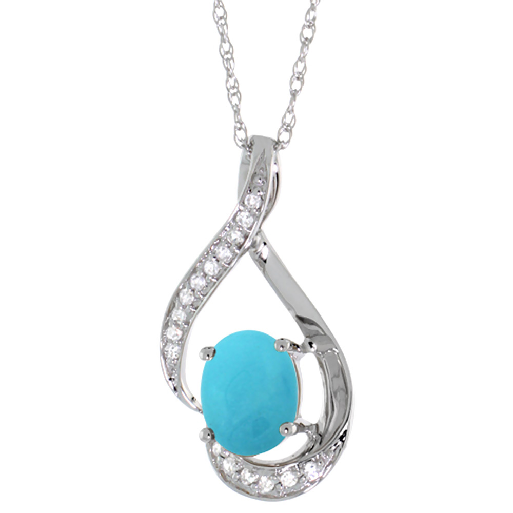 14K WHITE GOLD DIAMOND NATURAL TURQUOISE NECKLACE OVAL 7X5 MM, 18 INCH LONG
